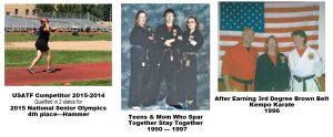Linda M Hughes 2015 USATF National Senior Olympics, Kempo Karate 1990-1997 with son and daughter, 3rd degree Brown Belt