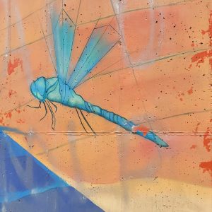 dragonfly painted on footbridge over creek in open space